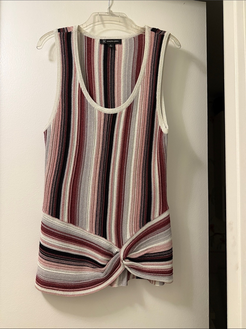 INC Striped Knit Twist-Front Tank — Burgundy / Black / White